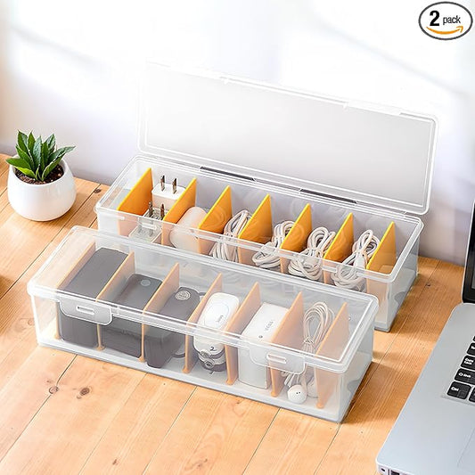 2 Pack Clear Cable Organizer Box with Lid, Plastic Charger Cable Cord Storage Organizer, Office Desk Organizers, Multifunctional Accessories Storage for Home Drawer Office, Stackable