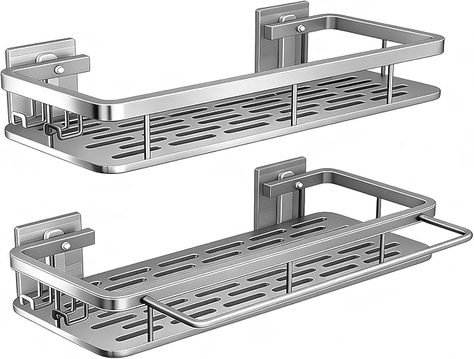 EVALAND Shower Caddy Adhesive 2-Pack with Hooks and Rod for Towels, Silver – Premium Bathroom Shower Shelves, Shampoo Organizer, Bathtub Shelf, Rustproof, Easy Installation, Sturdy Modern Look