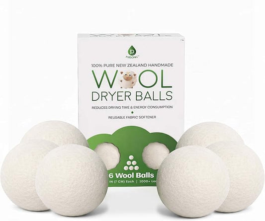 Pursonic Laundry Wool Dryer Balls Made with 100% Pure New Zealand Wool - Natural Reusable Fabric Softener Balls for Drying Time & Energy Consumption - Reduces Clothing Wrinkles & Lint - Set of 6