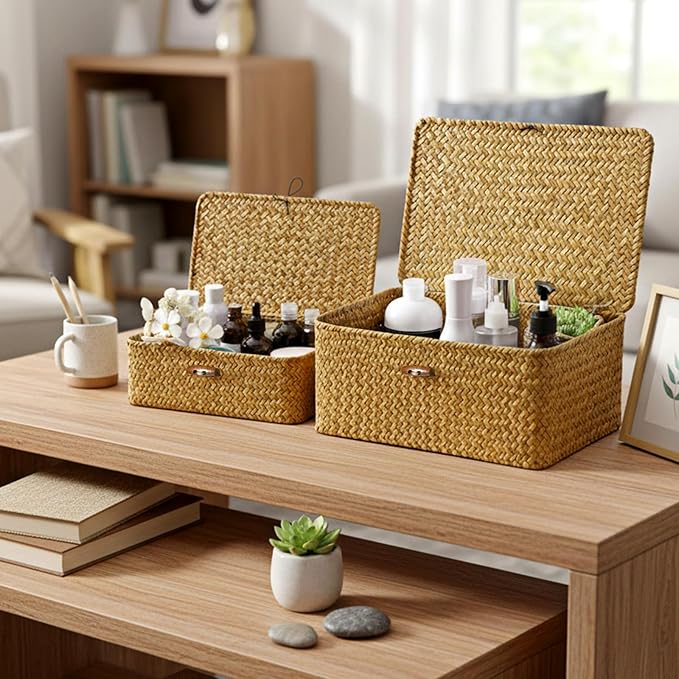 4 Set Wicker Storage Basket With Lid, 4 Size Handwoven Storage Bins Shelf Baskets Multipurpose Container for Home & Office Supplies