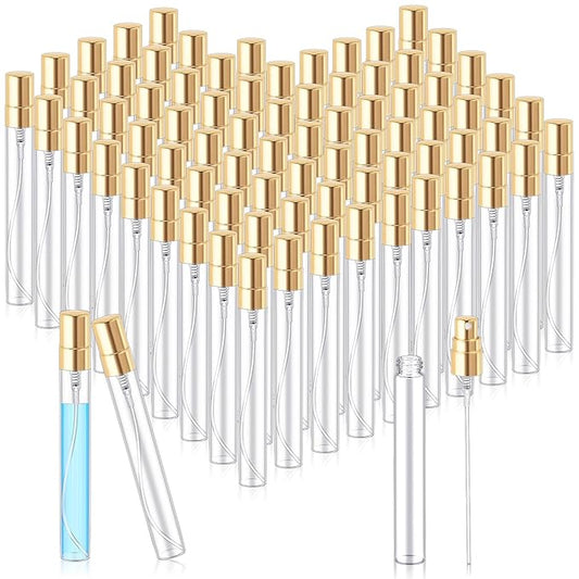 Zhehao 50 Pcs Mini Spray Bottles 10 ml Clear Glass Perfume Bottles Refillable Fine Mist Perfume Atomizer Portable Empty Sample Containers for Cleaning, Essential Oils, Travel (Gold Cap)