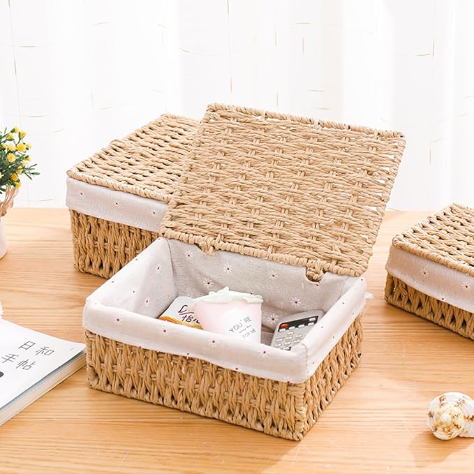 Wicker Shelf Basket with Lid Paper Storage Baskets for Shelves Small Storage Bin with Removable Liner Nesting Decorative Woven Basket for Makeup Closet Organizer (Small, Khaki)