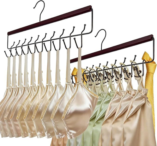 Bra Hanger 2 Pack with Premium Wood, 40 Hooks Large Capacity Closet Organizer for Belt Bra Tie Scarf and Tank Top, Space Saving Rack 360° Rotatable with Sturdy Metal Hooks