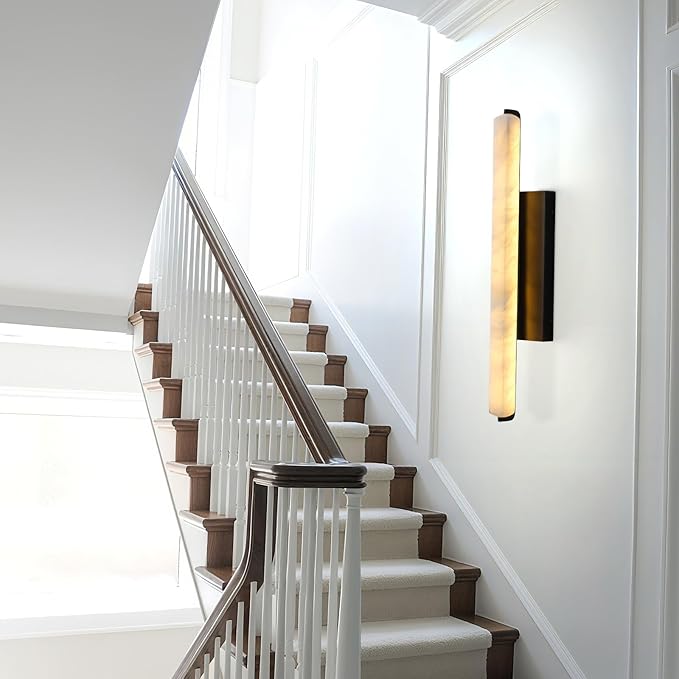 Alabaster Wall Sconces, 25" Black Alabaster Sconce, Spanish Natural Marble Bathroom Vanity Sconces, Rectangle Modern Sconces Lighting for Bedroom Living Room Staircases Hallway