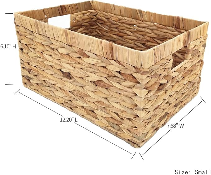 Woven Natural Water hyacinth basket Rectangular organizer basket with Handle for Desktop, Bathroom, Entryway,Kingwillow.(Small)