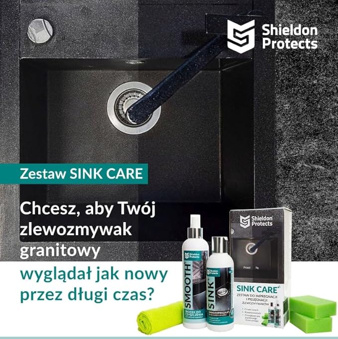 Shieldon Sink Care Kit – Cleaner & Nano Sealer for Granite Composite, Ceramic & Natural Stone Sinks – Restores Shine, Repels Stains, Grease & Hard Water – 2 Sponges & Microfiber Cloth