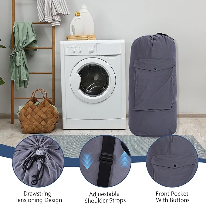 Sanlykate Canvas Backpack Laundry Bag - Extra Large Durable Dirty Clothes 2-3 Days Capacity with Adjustable Shoulder Strap & Front Pocket, for College Dorm, Apartment, Laundromats, Camping Travel