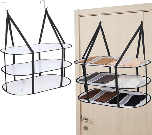 CINPIUK 3-Tier Upgrade Sweater Drying Rack Over The Door, Foldable Mesh Hanging Dryer Flat with Hooks, Large Breathable Laundry Drying Hanger, Clothes Lay Flat Dryer for Apartments Dorms Bathrooms