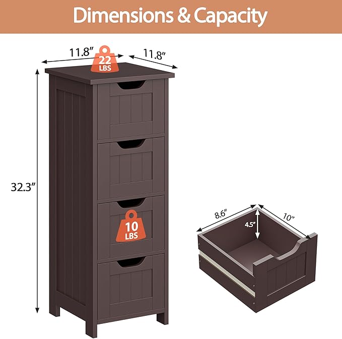 ZENY Bathroom Floor Storage Cabinet with 4 Drawers for Bedroom, Bathroom, Hallway, Narrow Toilet Paper Cabinet, Freestanding (Brown)