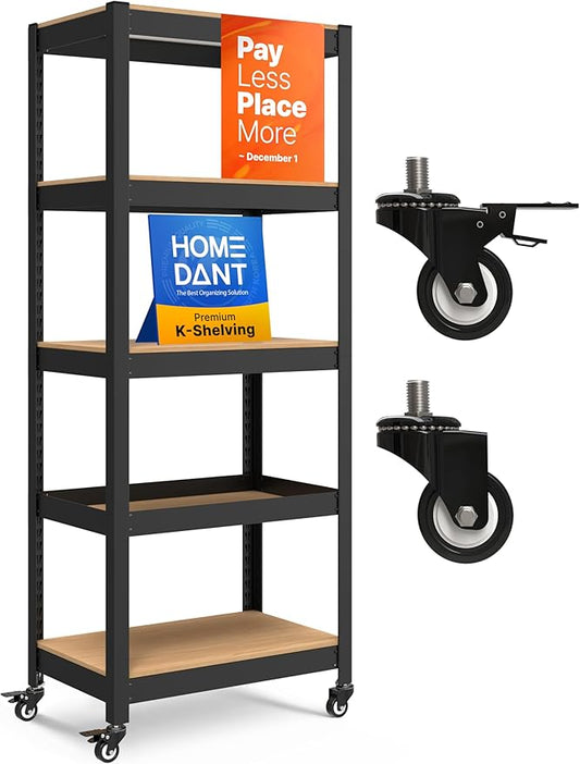 HOMEDANT House 5-Tier Metal Rolling Cart Shelf Rack Casters Heavy Duty Laminated Wheel Shelving Unit Adjustable Utility Storage Shelves Organizer Shelf Kitchen Garage 24.4" W x 16.5" D x 62.2" H 1Pack