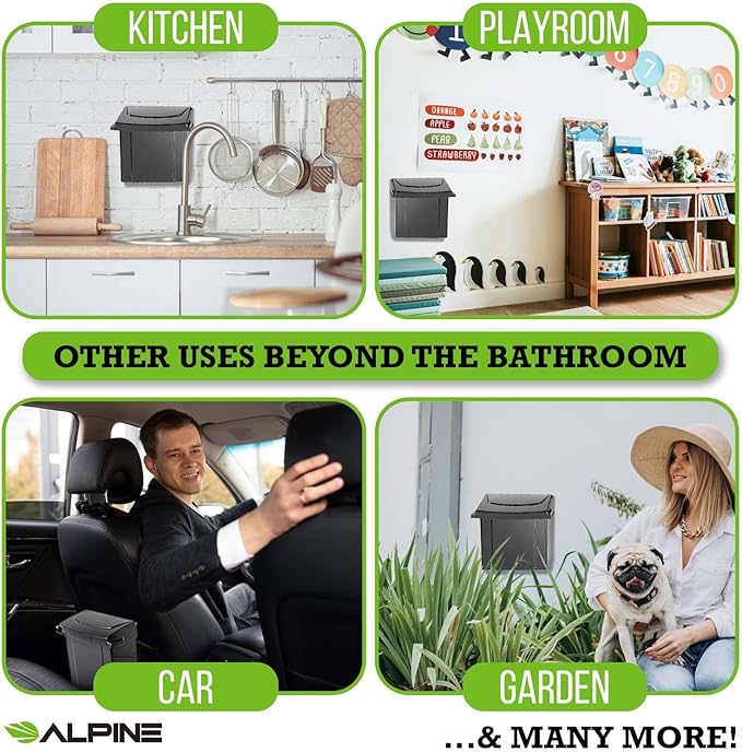 Alpine Sanitary Napkin Receptacle - Feminine Hygiene Disposal Container, Wall Mounted Trash Can with Odor Control Seal & Installation Hardware (Black)