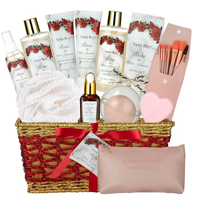 21 Pcs Luxury Spa Gift for Women, Red Rose Bath and Body Basket Gift, Skin Care Kit, Home Spa Self Care, Make-up sponge Brush, Pampering Kit, Birthday, Christmas, Mother, Bridal Shower, Anniversary
