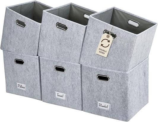 DECOMOMO Felt Storage Bins, 13 inch Cube Storage Bins with Labels for Organization (Cube 13" / 6pcs, Silver Grey)