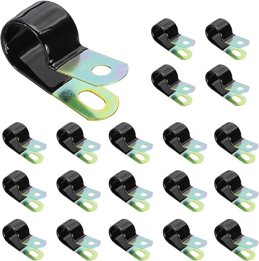 PATIKIL 11/16 Inch Vinyl Coated Cable Clamps, 50 Pack Galvanized Steel Metal Cable Clips Rubber Cushion Insulated Pipe Clamps for Tube Lines Cord Wire Management, Black
