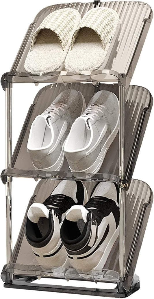 YYW Narrow Shoe Rack Vertical Shoes Rack for Entryway Corner Shoe Storage Organizer for Small Spaces Transparently Tall Slim Shoe Shelf for Front Door Entrance Living Room Grey 3 Layers