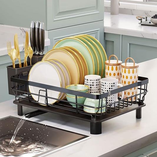 Iron Dish Drying Rack with Drainboard Dish Drainers for Kitchen Counter Extendable Spout Strainers with Utensil Holder and Knife Slots, Black