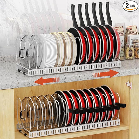Housolution 2 Pack Pot and Pan Organizer Rack, 12"-23" Expandable Pot Lid Organizer with 14 Adjustable Dividers, Pan Holder Storage Rack for Kitchen Cabinet, White