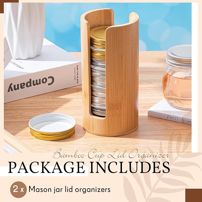 Suclain 2 Pcs Mason Jar Lid Organizer Bamboo Vertical Mason Jar Lid Storage Accessories Tumbler Lids Holder Cup Lids Organizer for Home Kitchen Countertop Cupboard(Only for Regular Mouth)