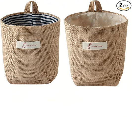 Washable Cotton Linen Hanging Organizer Bag for Door Wall Bedside | Washable Storage Pockets | Space Saving ，Reusable Closet Organizer (2Pack) (Deep blue stripes+yellow dots)