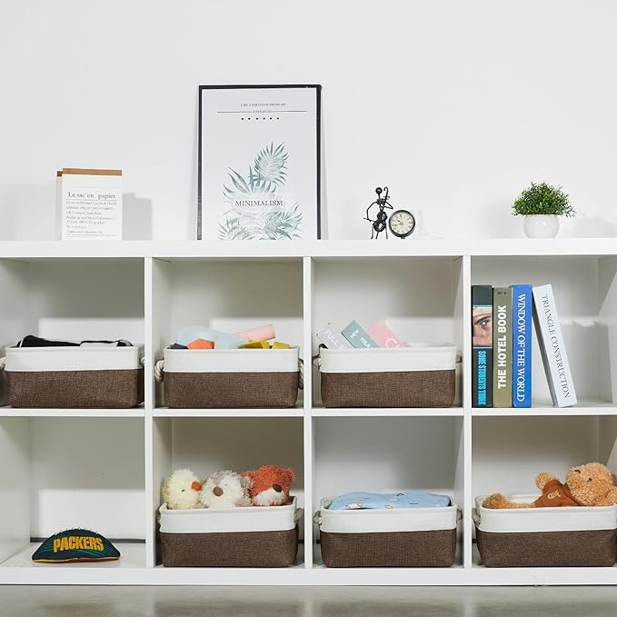 Bidtakay Collapsible Fabric Storage Baskets with Handles for Organizing [6 Pack] Canvas Small Storage Bins Shelf Baskets for Clothes Closet Rectangle Baskets 11.8 X 7.8 X 5 Inches(White&Earthy Brown)