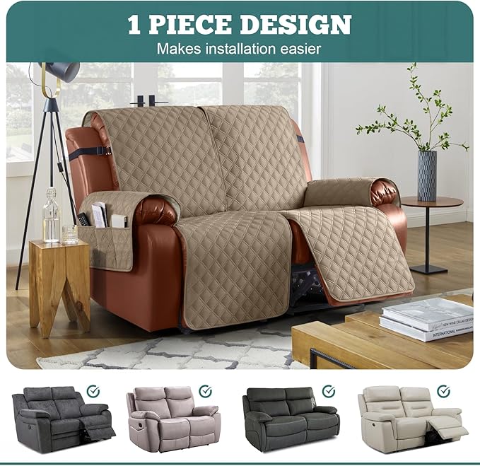 Ruaozz Waterproof Recliner Sofa Covers, 1-Piece Couch Covers for Reclining Couches Reclining Couch Cover Washable Furniture Protector with Elastic Straps Pocket for Kids Pets (Khaki, XL 2 Seater)