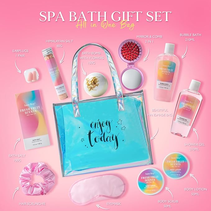 Valentines Spa kit Gift for Her, Christmas Gifts for Women - Unique Gift Set for Teen Girls Tote Bag for Women, 13pcs Fresh Gift Baskets for Girls, Birthday Gifts for Daughter, Girlfriend