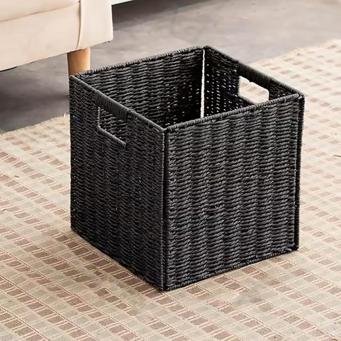 10.5x10.5in Storage Baskets Set of 3 Black Paper Rope Woven Baskets,Foldable Handwoven Storage Cubes,Wicker Cube Baskets Laundry Organizer Totes for Bathroom, Bedroom, Laundry, Pantry, Shelves