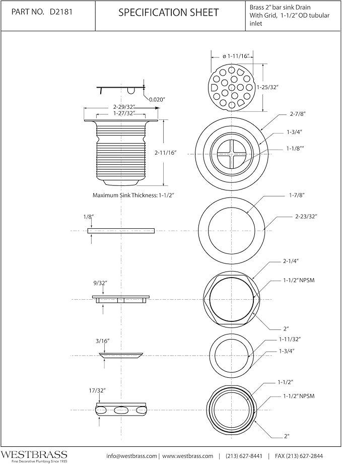 Westbrass Grid Basket Style Bar Sink Strainer, Powder Coat White, D2181-50