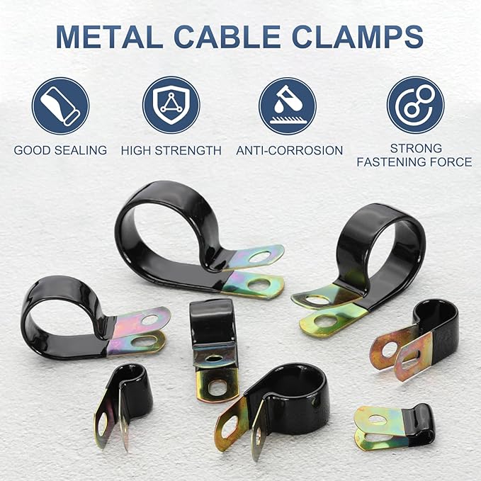 PATIKIL 1/2 Inch Vinyl Coated Cable Clamps, 50 Pack Galvanized Steel Metal Cable Clips Rubber Cushion Insulated Pipe Clamps for Tube Lines Cord Wire Management, Black