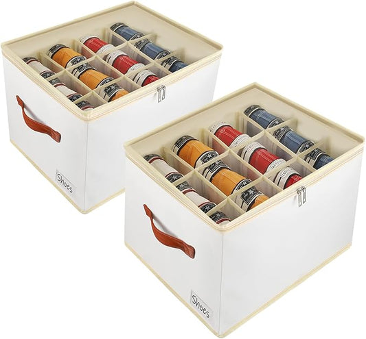 2 Pack Shoe Storage Box Organizer for Closet - 24 Cell Space Saver Shoes Containers Bin with Clear Lids Stackable, Can Fit Ottoman, Foldable Shoe Rack Cabinet Cubby for Wardrobe
