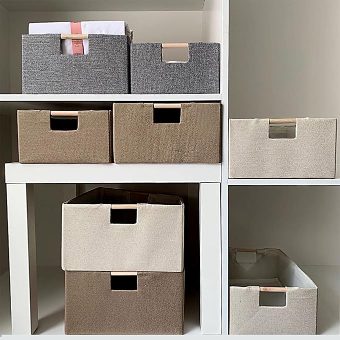 ANMINY 4PCS Storage Baskets for Organizing Collapsible Fabric Storage Bins Boxes with Wood Handles Closet Shelves Cube Organizer Bins Clothes Laundry Storage Container - Small, Beige