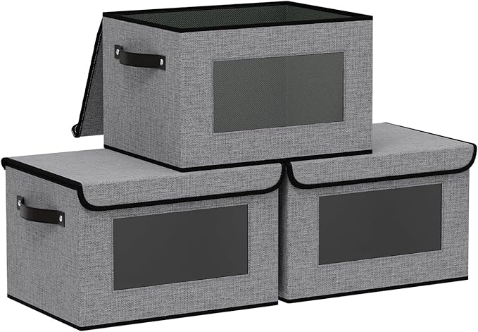 Storage Baskets with Lids, Fabric Storage Boxes with Handles, 10.2 x 7.8 x 6.7 Inch Closet Organizers for Shelves Bedroom Office, Gray, 3-Pack