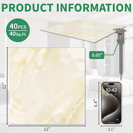 40-Pack 40 Sq.Ft Peel and Stick Floor Tiles Vinyl Polish Pattern Flooring, 12” x 12” Self Adhesive Vinyl Flooring DIY for Kitchen, Bathroom, Laundry, Polish Ivory Beige Marble