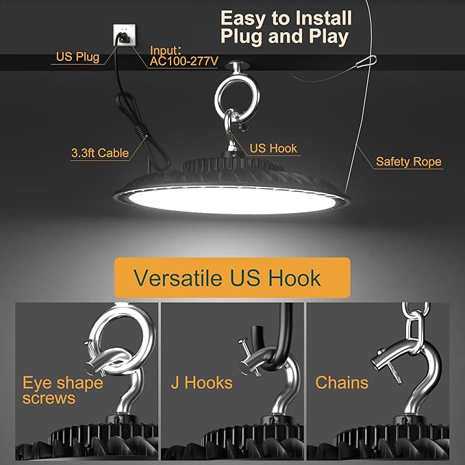6Pack 320W UFO LED High Bay Light, 48000lm (Eqv.1200W MH/HPS) high Bay LED Lights, 5000K US Plug Commercial Warehouse/Workshop/Wet Location Area Light -5 Years Warranty