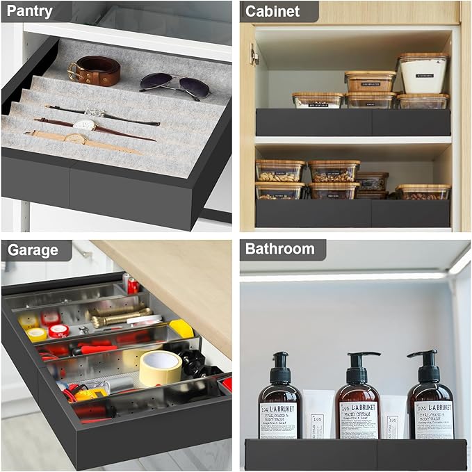 2Pack Expandable Pull Out Cabinet Organizer 21" Deep with Raising Pad for Framed Cabinets, Roll Out Shelves Adhesive, Adjustable Width 12.24"-20.5" W
