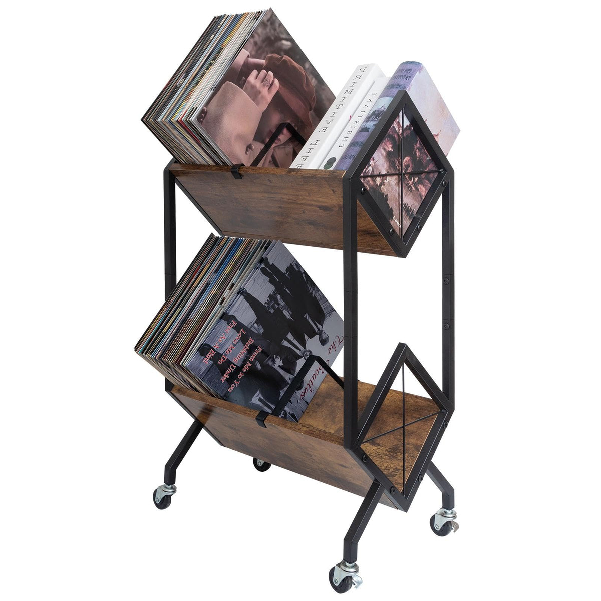 Vinyl Record Storage Holder with Wheels, 2-Tier Record - Image 1
