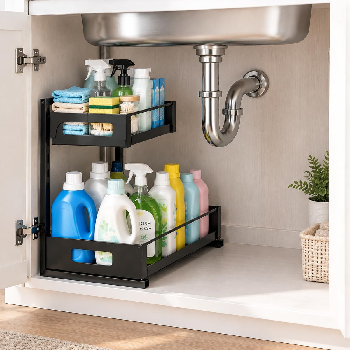 Under Sink Organizer Adjustable Height L Shaped Pull Out - Image 1