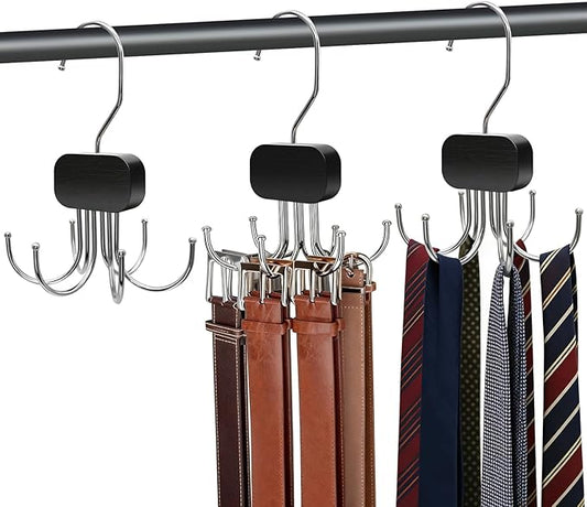 3 Pack Belt Hanger for Closet Organizer, 2026 Upgraded Tie Hangers for Space Saving & Storage, 360° Rotatable & Foldable Hooks, Large Capacity Rack for Tank Top, Bra, Purse (Black)