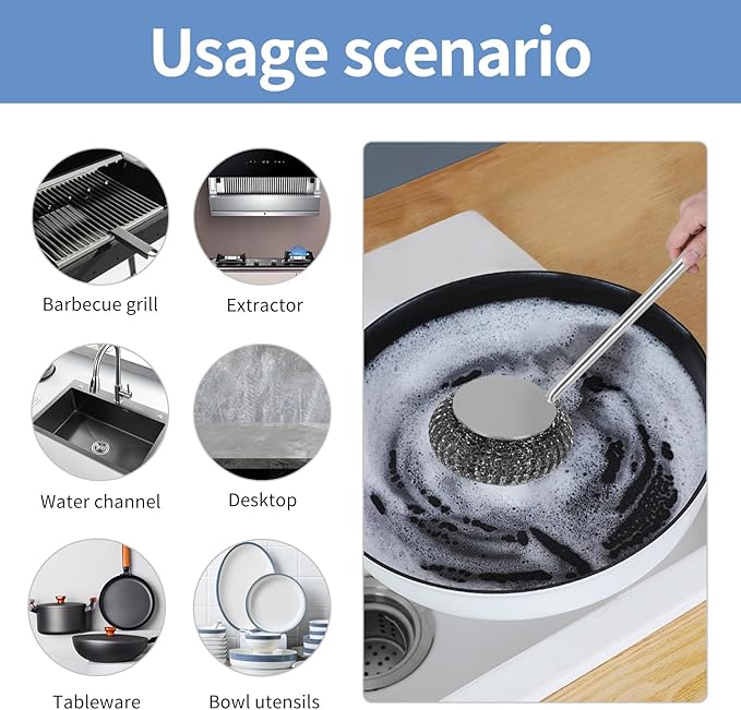 Stainless Steel Steel Wool Scrubber Set, One Dish Brush with Handle and One Long-Handled Steel Wool Brush, for Cleaning Tableware, Cooking Tools and Barbecue Grills' Metal Dish Scrubber.