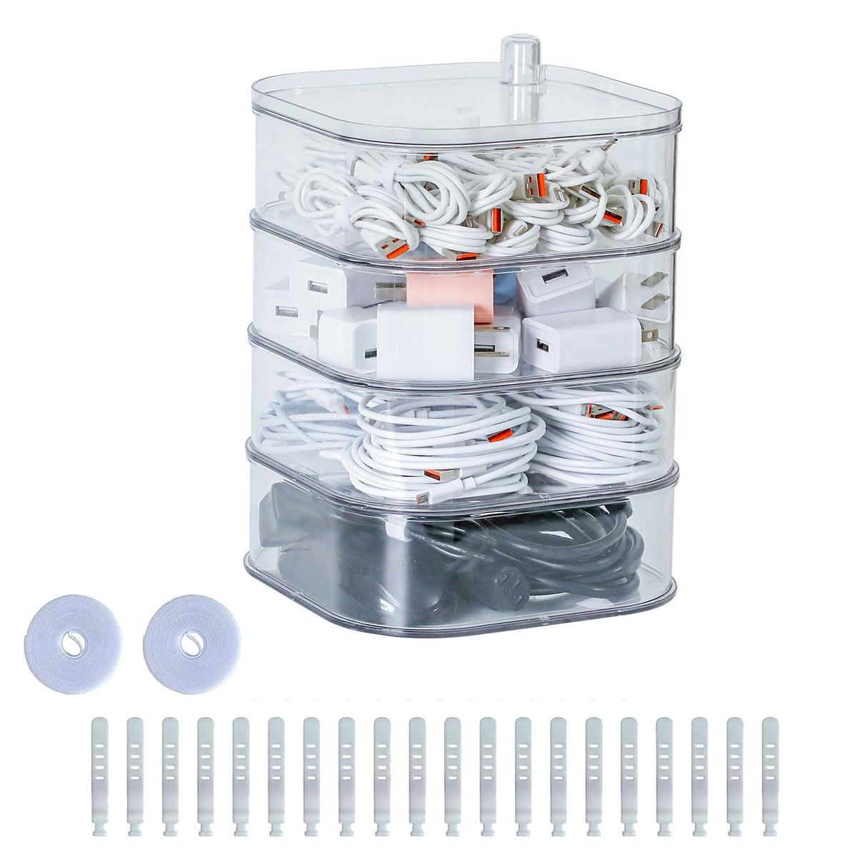 Large Charger Cable Storage Box with Lid, 4-Tiers, Clear - Image 1