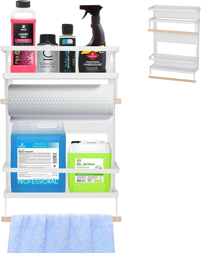 Garage Magnetic Rack Foldable, 2-in-1 Paper Towel Holder with Shelf, Garage Storage Organization, Heavy Duty Paper Towel Holder with 5 Removable Hooks for Tool Shed, Garage, Workbench, Kitchen