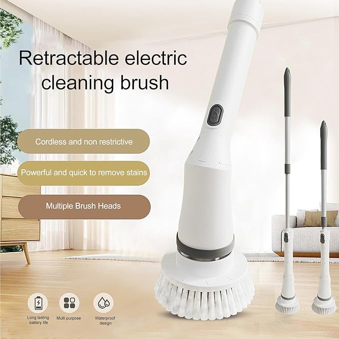 Generic Cordless Cleaning Brush, Rechargeable Automatic Rotate Stretchable Electric Scrubber with 6 Replaceable Heads for Bathroom Tub Tile Floor
