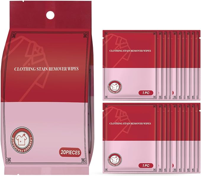 Stain Remover Wet Wipes - Individually Packaged for Clothes, Shoes, and Bed Sheets (1 Packs, 20 Wipes Total) - Effortless Stain Removal