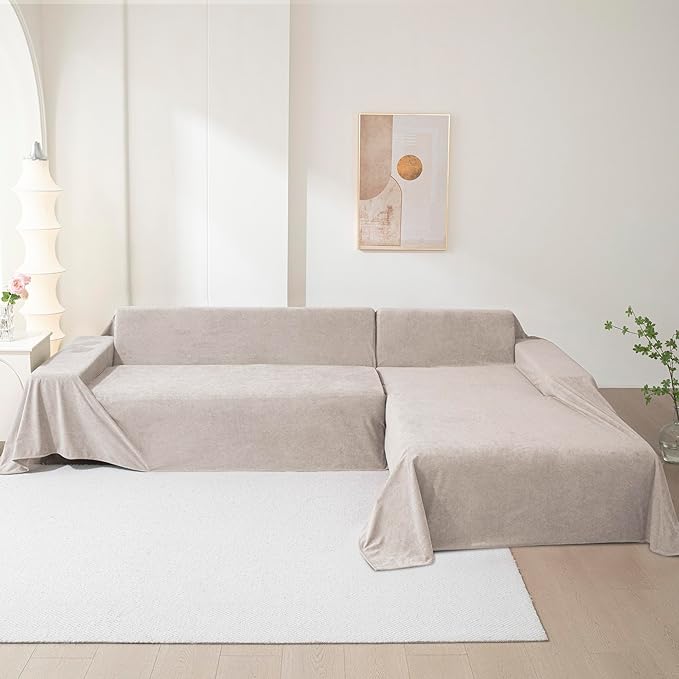 MEETSKY Couch Covers for 3 Cushion Couch Sofa, Washable Sectional Couch Covers L Shape Sofa Cover Soft Slipcovers Couch Furniture Protector for Pets Dogs Kids, 91" x 118", Oat
