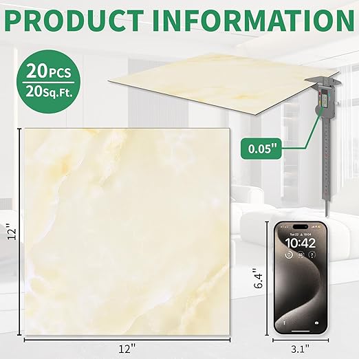20-Pack Peel and Stick Floor Tiles Vinyl Floor 12 x 12 inch Self Adhesive Waterproof Flooring Planks DIY for Bathroom, Kitchen, Living Room, RV, Cover 20 Sq. Ft, Ivory Beige Vein Marble