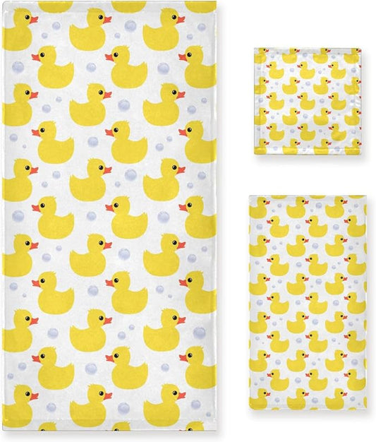 3 Piece Yellow Ducks Bath Towel Set,Microfiber Decorative Vintage Cute Animal Duck Bubbles Pattern Themed Bathroom Towels,1 Bath Towel 1 Hand Towel for Bathroom Kitchen,1 Washcloth for Face