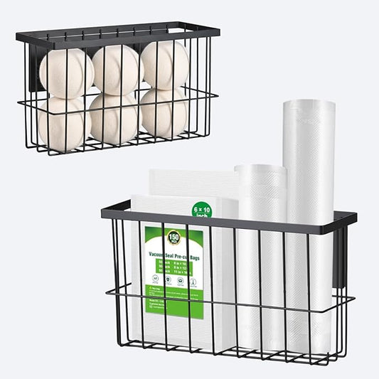2 Pcs Magnetic Basket Fridge Dryer Ball Holder for Laundry Room Organization and Storage, Magnetic Lint Bin Home Organization for Laundry Room, Kitchen & Office Class School (Black, L&XL-2pcs)