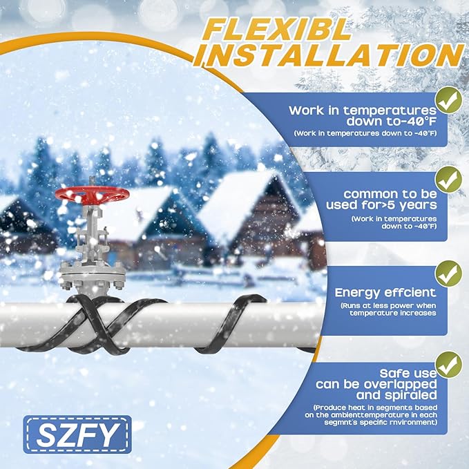 3FT~200FT Heat Tape for Water Pipes, -40°F Deicing Cable,Pipe Heat Cables for Roof,Gutter，Farm，Freeze Protetion Heating Wires, Heated Water Hose,Plumbing Fixtures,120V 5W/FT (80FT)