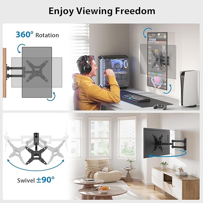 Pipishell Full Motion TV Wall Mount for Echo Show 21/15 and 13-43 Inch Flat Curved Screen TVs & Monitors, Max VESA 200x200mm up to 44lbs, TV Mount Wall Bracket with Rotation Swivel Tilt Extension