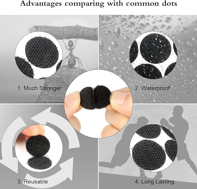 Self Adhesive Dots, Strong Adhesive 1200pcs(600 Pairs) 0.59 inch Diameter Sticky Back Hook Nylon, Loop Strips with Waterproof Sticky Glue Tapes for Classroom, Office, Home(Black)